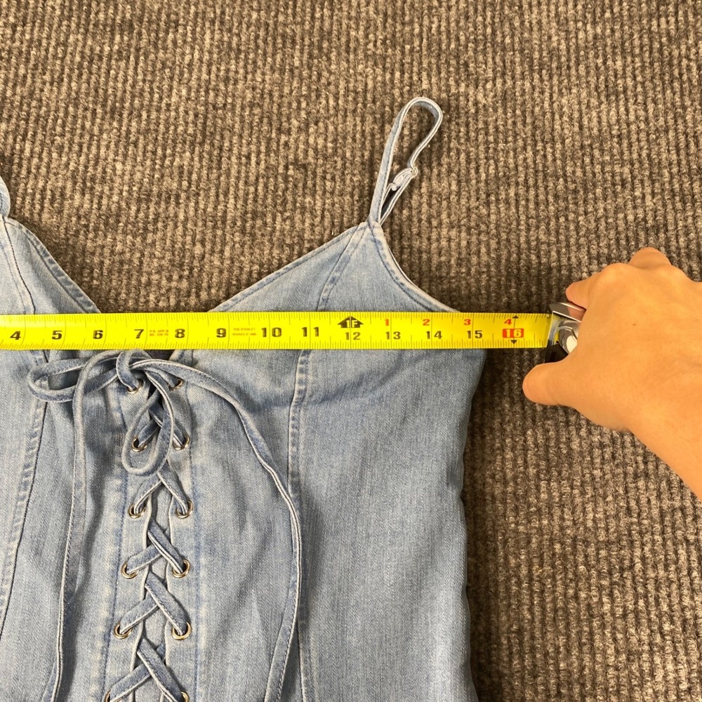 Story On Light Wash Denim Lace Up Front Mini Dress Bodycon Small - Picture 5 of 9